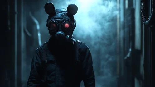 Mysterious gas mask wanderer glows in a foggy blue alley