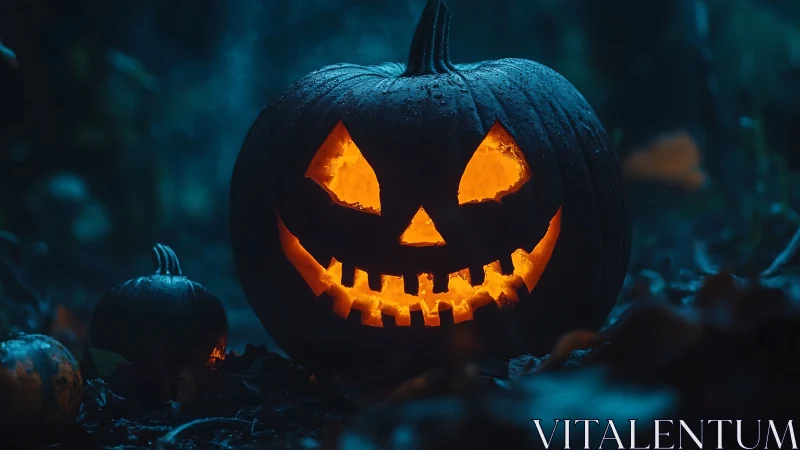 Carved jack o lantern in dark outdoor setting at night.