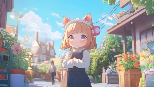 Sunny cat-eared kid ruling a flower-bright village street.