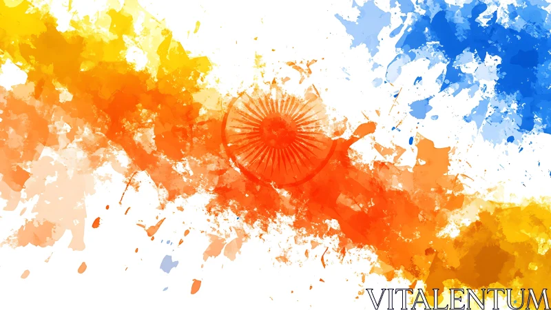 Abstract tricolour splash with central wheel emblem motif.