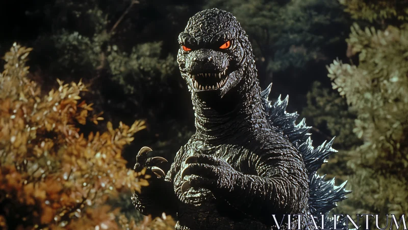 Forest-clearing colossus flashes molten eyes between trees