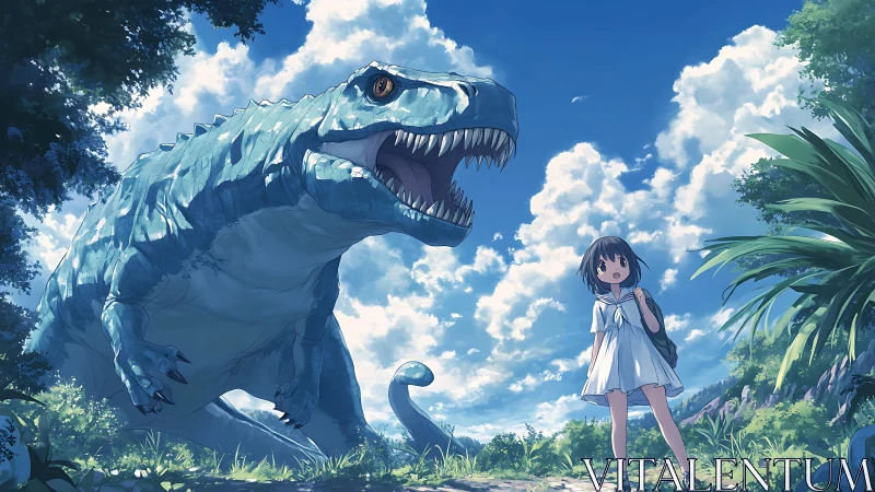 Girl in white dress beside large blue dinosaur outdoors.