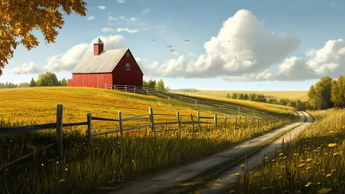 Red barn on rolling prairie under dynamic cumulus sky.