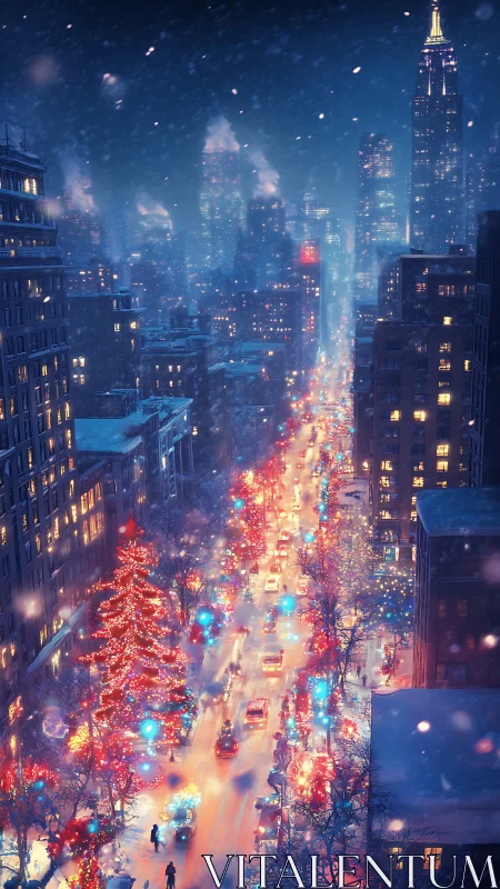 Snowy city avenue glows with dense holiday traffic and lights
