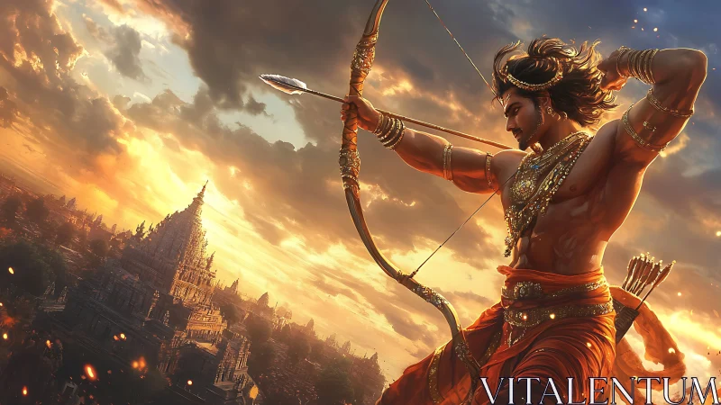 Warrior archer draws glowing arrow above temple city at dusk