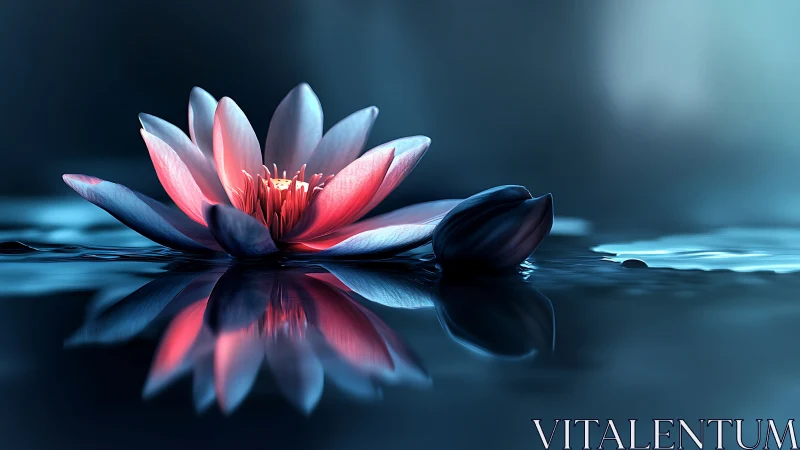 Macro close-up of bioluminescent lotus flower over still water