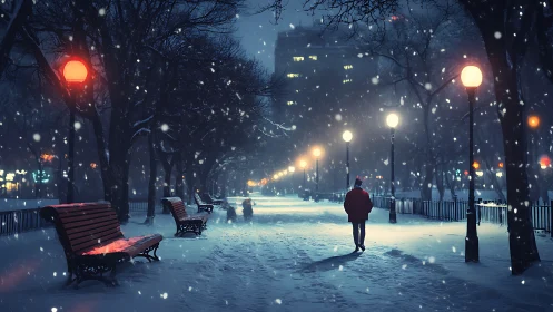 Solitary figure walks through snowy park under winter lights
