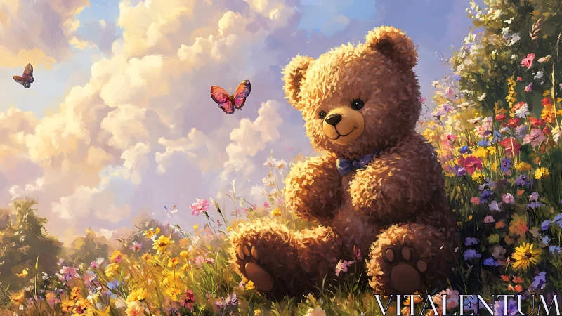 Sunny teddy bear enjoys butterflies in a dreamy flower meadow