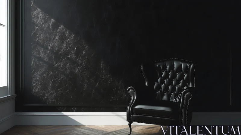 Cozy black leather armchair basking in gentle morning light.