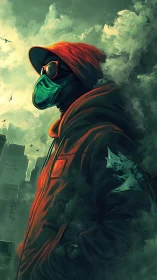 Hooded urban sentinel in toxic green atmospheric haze.