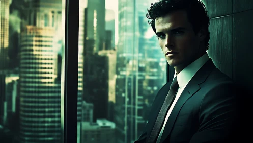 Corporate silhouette in teal-lit metropolitan high-rise interior.