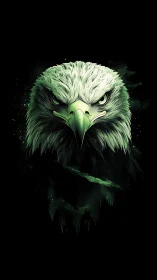 Emerald eagle portrait glows against deep black void.