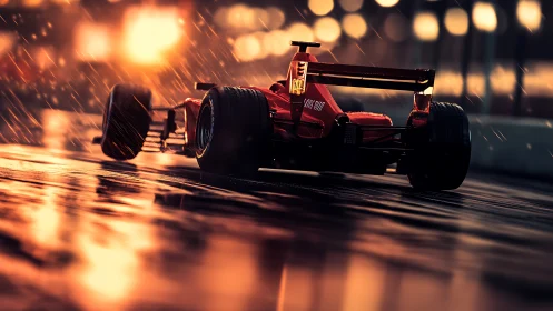 Rain-slicked circuit lets a scarlet racer carve liquid fire