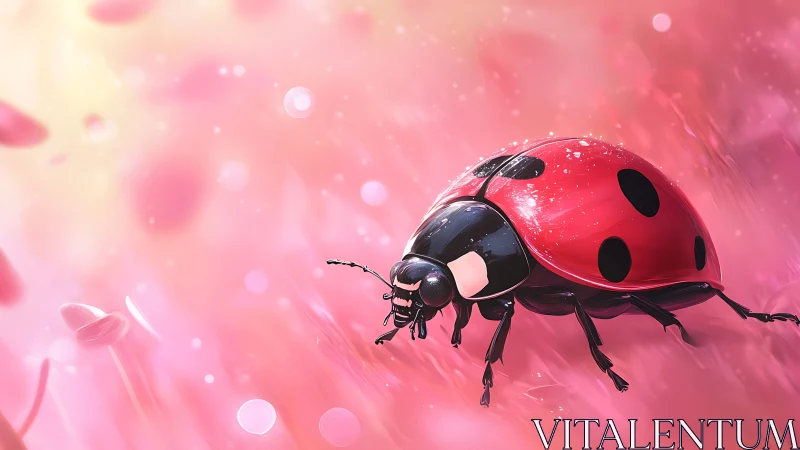 Ladybug crosses dewy pink meadow in soft glowing light