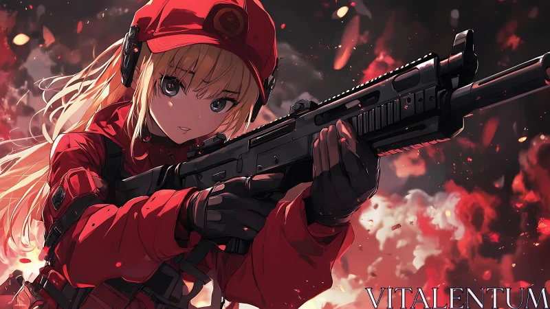 Anime soldier girl aims rifle amid blazing red battlefield.