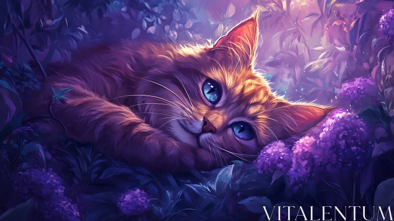 Digitally rendered feline with luminescent eyes in floral environment.