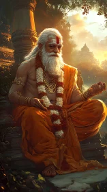 Elderly sage in orange robes meditates before distant temples