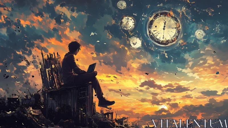Figure with laptop under fragmented sky and clock forms.