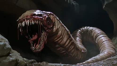 Grotesque worm-like creature emerges from cavern opening