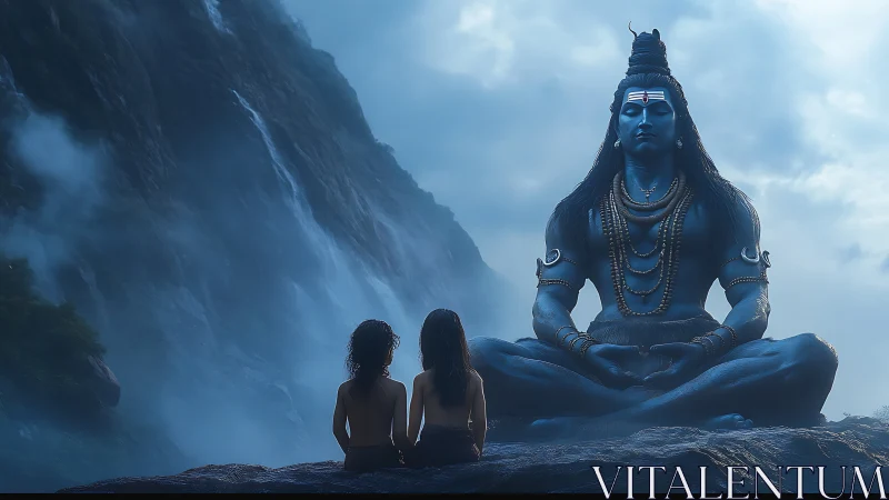 Mountain mist cradles a serene blue deity and quiet seekers