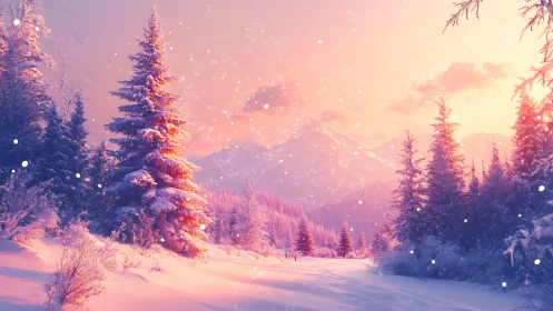 Iridescent winter pines under pastel alpine sunrise glow.
