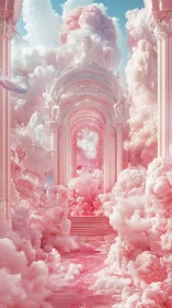 Celestial pink palace rising through luminous cotton clouds.