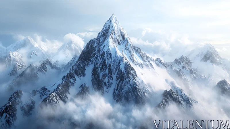 Photorealistic alpine pinnacle within luminous cloud strata.