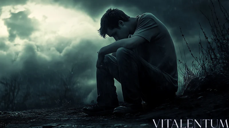 Solitary person seated outdoors under dense storm clouds.