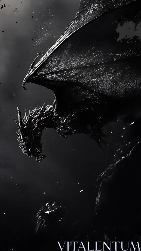 Monochrome winged dragon silhouetted against dark sky.