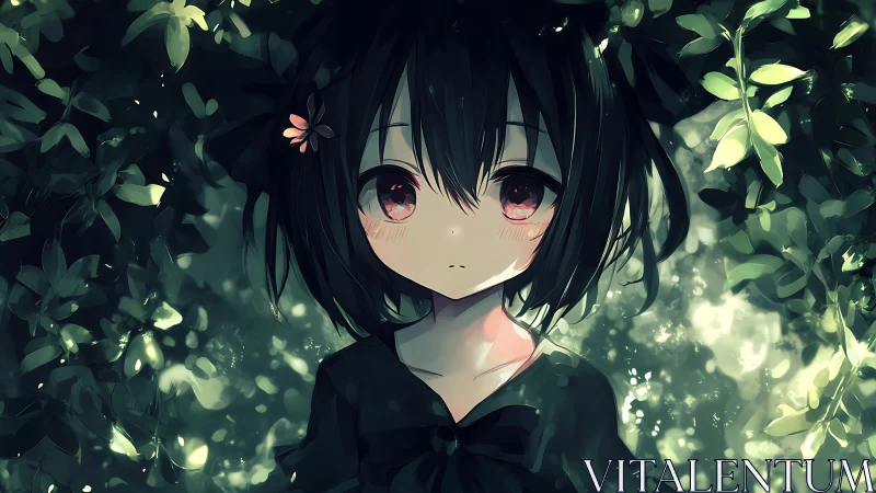 Soft-eyed girl rests quietly in a gentle forest glow