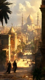 Sunlit desert city street leading to distant golden domes.