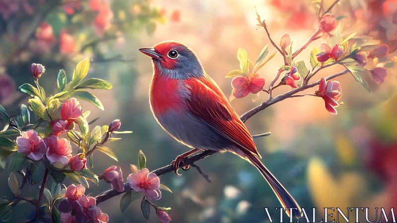 Vibrant red-breasted songbird on flowering branch, digital art style.