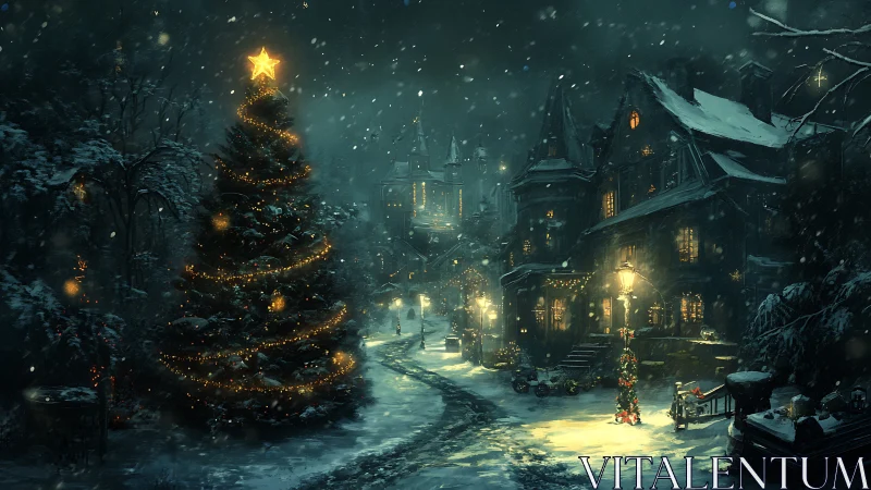 Snowy village street with large decorated Christmas tree.