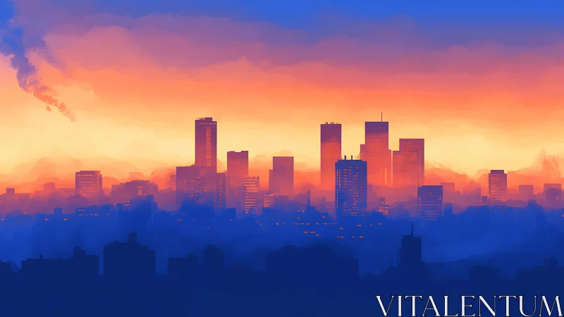 Vibrant orange and blue city skyline at dramatic sunset.