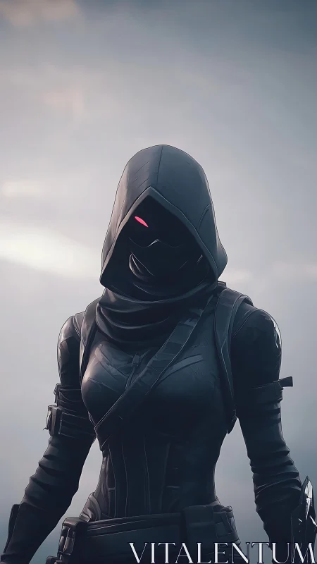 Cyber assassin in tactical hooded suit under storm sky.