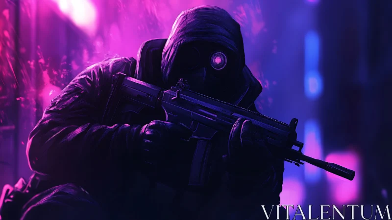 Hooded night watcher in neon city glow, quietly poised.