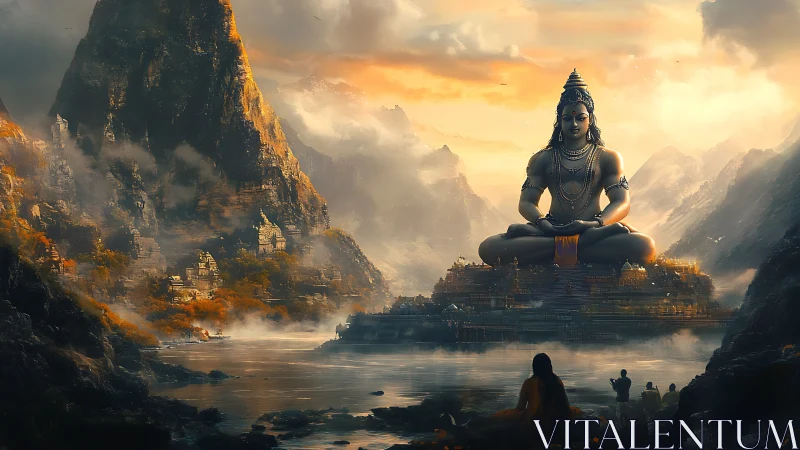 Colossal meditative deity overseeing mist laden mountain citadel.