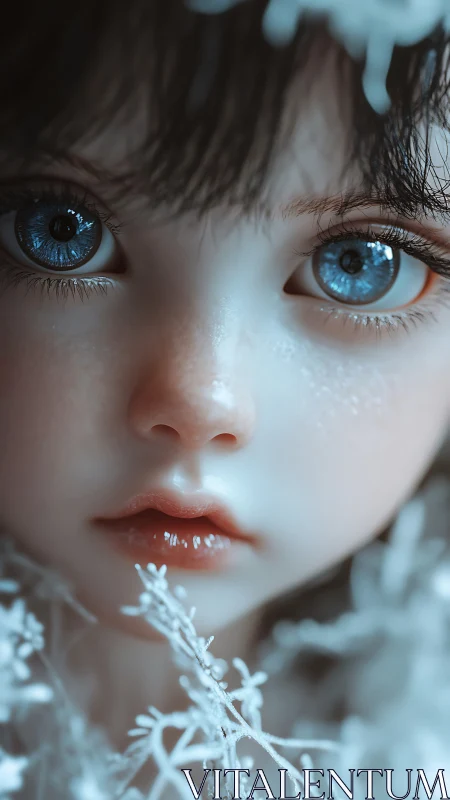Porcelain child portrait with icy blue luminous eyes.