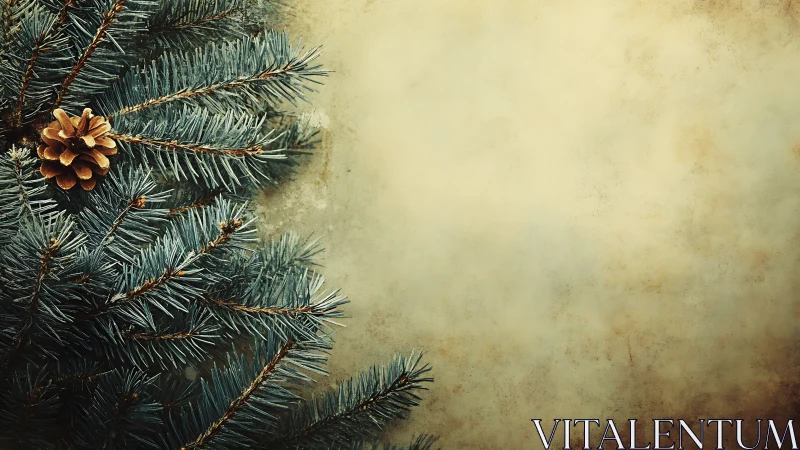 Pine branches with cone occupy left side against textured wall
