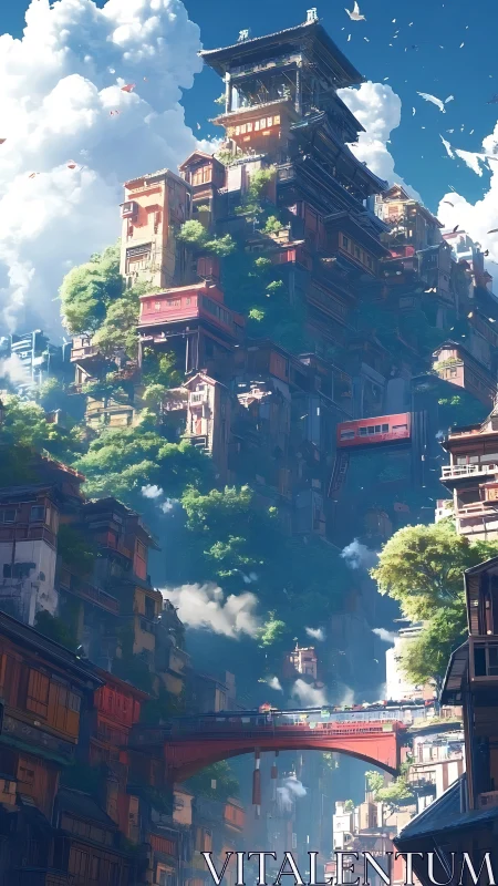 Tiered vertical city with red bridges and dense greenery.