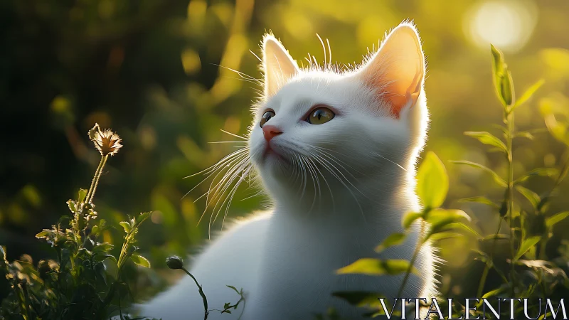 White Cat Among Spring Foliage: Rendered Digital Portrait.