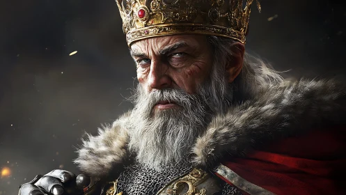 Battle-hardened medieval king stares forward in dim light