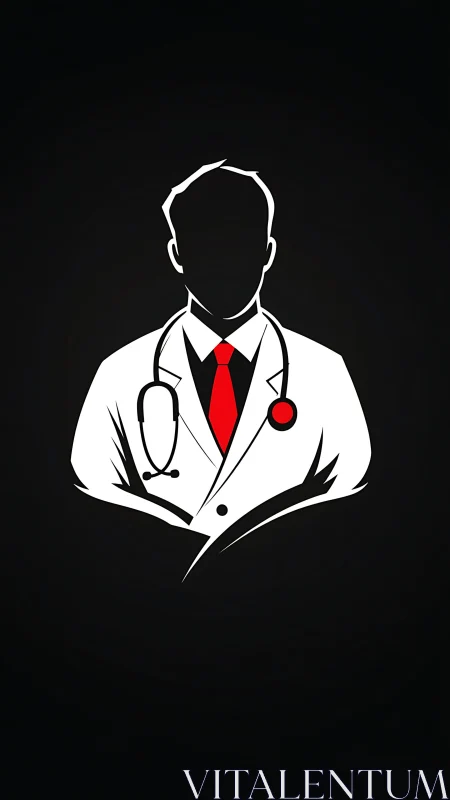 Crimson necktie doctor silhouette on midnight clinic void.