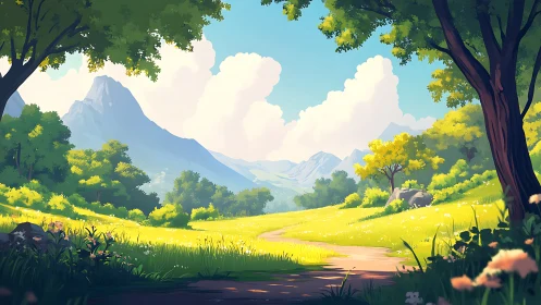 Sunlit valley path framed by stylized trees and distant peaks