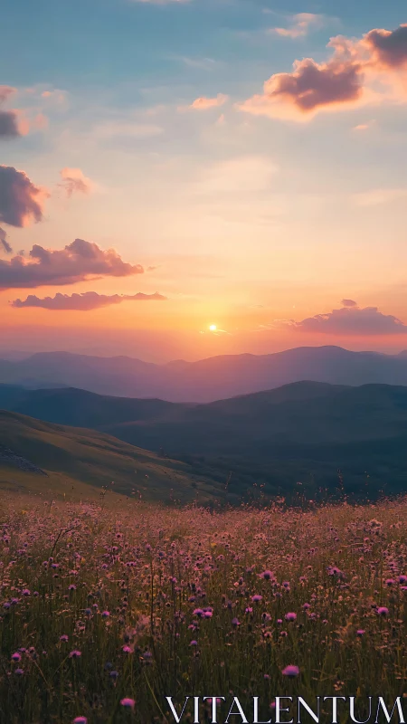 Telephoto sunset over alpine wildflower meadow and soft ridges.