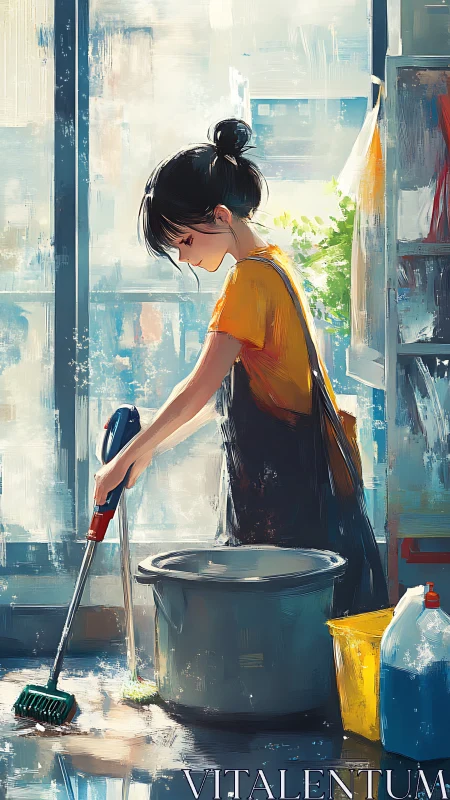 Young cleaner in apron mopping reflective floor under diffused daylight