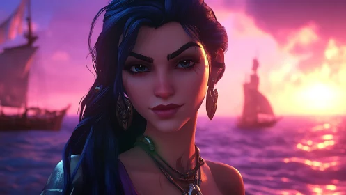 Pirate woman portrait at magenta ocean sunset with galleons