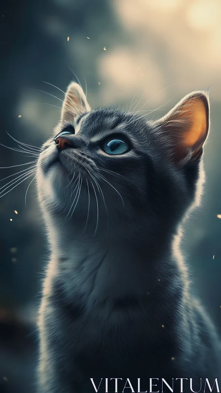 Luminous Cat with Turquoise Eyes Looking Upward.