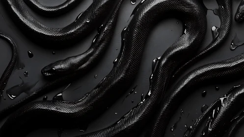 Glossy black snakes on dark surface with wet highlights.