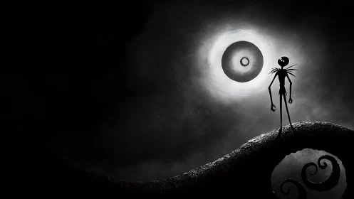 Tall shadowy dreamer gazing up at a glowing moonlit sky.